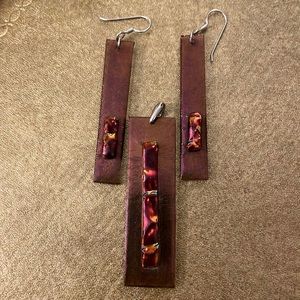 Handmade Art Glass Matching Bronze Earrings and Pendant